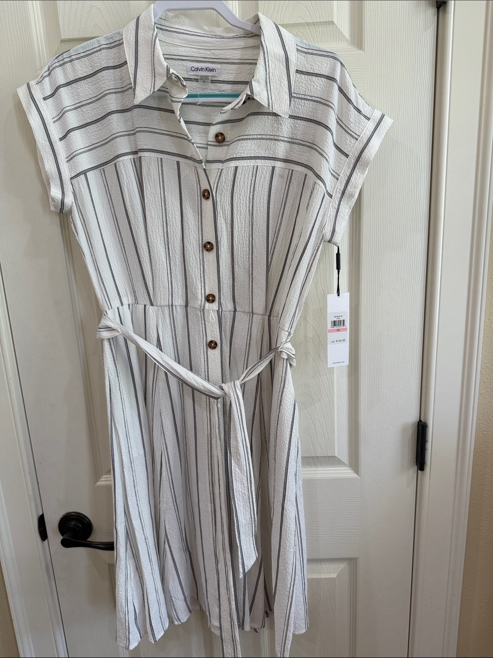 Calvin Klein Cream and Gray Vertical Stripe Shirt Dress with Tie Waist